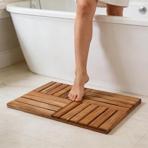 Utoplike Teak Bath Mat, Wood Shower Mats 24 x 16 inch Non Slip for Inside | Bathroom Wooden Sturdy Floor Mat, for Inside Shower, Luxury Spa Home or Outdoor - size: 24" x 16" (Rectangular)