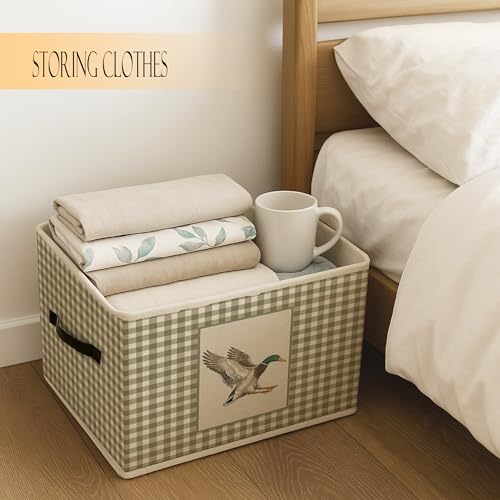 Mallard Duck Canvas Fabric Foldable Storage Bin Basket with Handles | Green Plaid Wild Duck Basket Bin for Kids Playroom Nursery Clothes Toys,Canvas Laundry Room Organization - color: Green Flying Mallard Duck