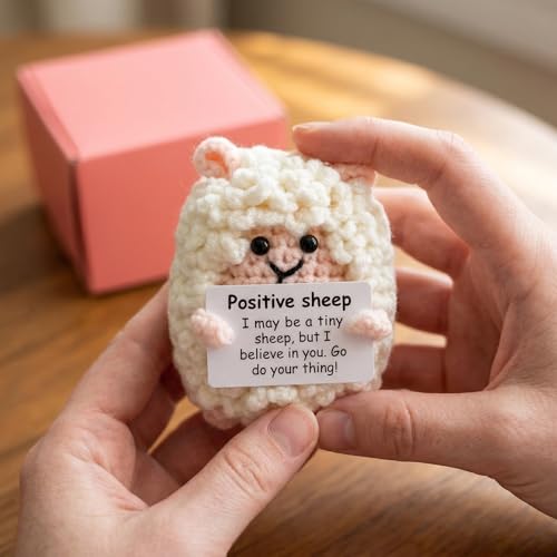 Handmade Crochet Sheep Figurine Desk Decor Encouragement Gift Her | Sheep Holds Positive Message Card In Hands. Soft Acrylic Yarn. Birthday Going Away Surprise
