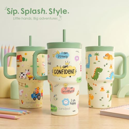SANDJEST Farm Animals Stainless Steel Tumbler 20oz with Handle and Silicone Straw Locking Lid for Kids Boys, Birthday Christmas Back to School - color: Farm Animal