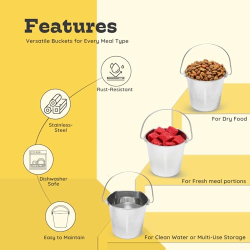 Flat Side Stainless Steel Bucket 4 Quart Hanging Feeding Pail for XL Dogs Cats Goats Sheep, Fits Kennel Cage Compatible, Heavy Duty Food and Water Feeder, 1 Gallon Silver Buckets 2 Pack - size: 4 Quart (Pack of 2)