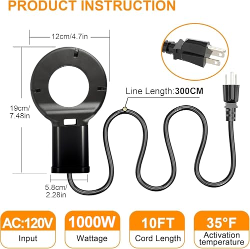 1000W Utility De-Icer, Submergible Bird Bath Heater De-icer, Chicken Water Heater, Stock Tank Heater for Livestock Poultry Birds, Cows, Horses, Wildlife Drinkingwith 10FT Power Cord, Black