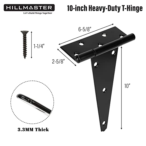 HILLMASTER 10 Inch T-Strap Heavy Duty Shed Door Hinges Gate Strap Hinges Black Tee Hinge Wrought Hardware for Wooden Fences,Yard,Barn Door,Rustproof (4 Pack) - size: 10in 4Pack