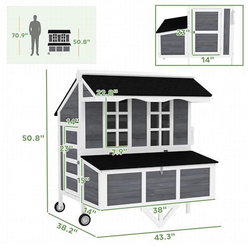 PawHut 43" Chicken Coop with Wheels, Nesting Box for 2-4 Hens, Rabbits Gray | Mobile Chicken House, Windows, Pull-out Tray, Perches, Wooden Poultry Tractor, Backyard, Patio