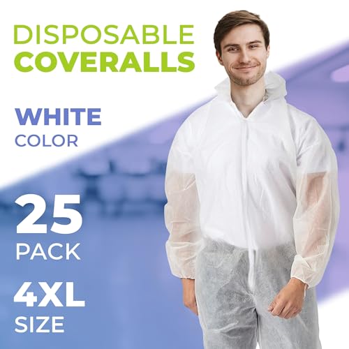 AMZ Medical Supply Disposable Coveralls with Hood and Boots, 4X-Large White, 25 Pack, Lightweight Polypropylene Paint Suit, Zipper Front, Elastic Wrists, Unisex Work Coveralls - size: 4X-Large / 25 Pack