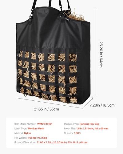 VEVOR Hay Bag for Horses, 21.65 x 7.28 x 25.2 in, 1.81 x 1.81 in Holes, Premium Nylon Construction with PVC Waterproof Coating, Adjustable Hanging Straps and Metal Hooks, Slow Feed Hay Bag for Horses - size: 21.65 x 7.28 x 25.2 in