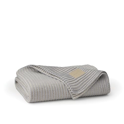 BOLL & BRANCH Sunday Throw Blanket, 70" x 45", Shore/Heathered Oatmeal | 100% Organic Luxury Cotton, Plush Ribbed Knit, Sweater-Like Softness