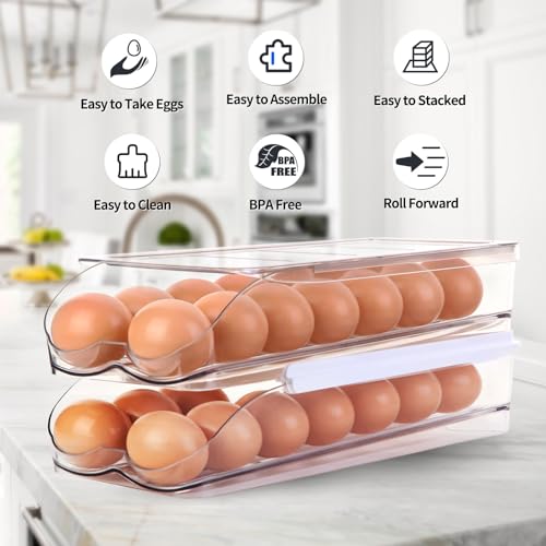 RoskDeewat Egg Holder for Fridge, Automatic Rolling Egg Container for Refrigerator, Stackable Fridge Organizers and Storage with Lid, Clear Plastic Egg Dispenser & Tray (2 Tier) (Pack of 2) - size: 2 Tiers Holder 28 Eggs (Pack of 2)