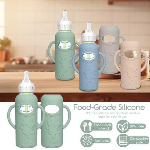4 Pack Silicone Sleeves for Dr. Brown's Glass Baby Bottles -Drop Protection Easy-Grip Baby Bottle Sleeves Holder with Handles, Compatible with Dr. Brown's Newborn Glass Bottles 8 oz/250 mL - color: Green 4 Pack 8OZ