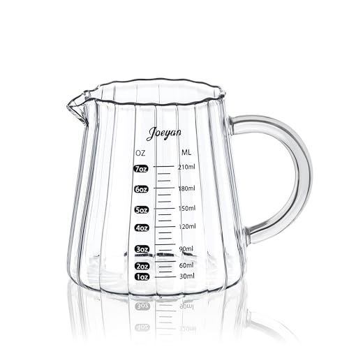 Joeyan 7 oz Glass Measuring Cups with Spout,Borosilicate Large Glass Triple Pitcher with Scale,Origami Style Espresso Shot Glasses with Wood Handle for Coffee Milk - color: 7 Oz Single Spout Clear Measuring Cup