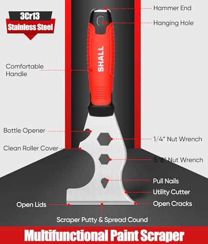 SHALL 8-In-1 Paint Scraper, Stainless Steel Paint Remover Scraper Tool, Putty Knife with Hammer End and Comfort Handle, Metal Spackle Scraper for Removing Drywall Paint, Caulk, Wood, Wallpaper