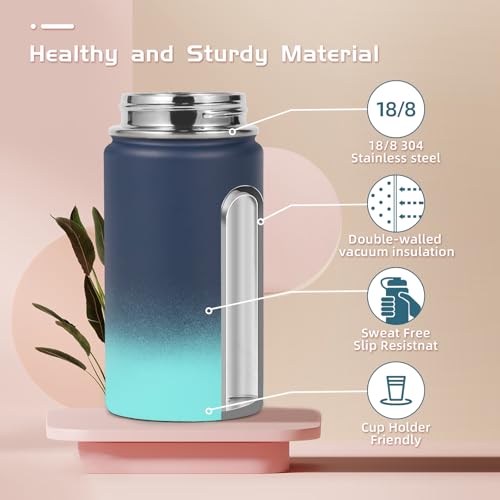 Volhoply 14oz KIds Stainless Steel Insulated Leakproof Water Bottle with Straw Lid and Silicone Boot,BPA-Free Easy Use for Boys&Girls,Double Wall Vacuum Bottles(Blue Green,1) - color: Blue Green