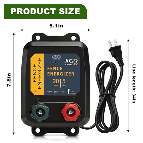 PE5 Electric Fence Charger for Livestock Containing Pets and Animal Control-5 Miles/ 20 Acres AC Powered 120 Volt (with Aluminum Wire) 0.20 Joule - size: PE5 with wire