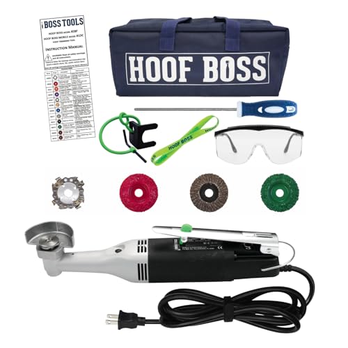 Horse Hoof Trimmers Kit, 110V Electric Set with Supplies | Rotary Farrier Tool, Trimming & Finishing Discs, Chain File, Safety Glasses & Tool Bag, Plug-In - size: Horse Hoof Trimming