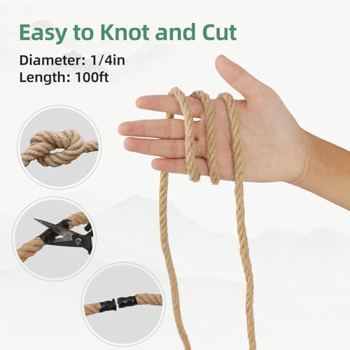 Natural Jute Rope, Heavy Duty Thick Rope, 1/4 in x 100 ft | For indoor and outdoor crafts, nautical rope decor, railings, hammocks, swings, gardening and tug of war - size: 1/4 in x 100 ft