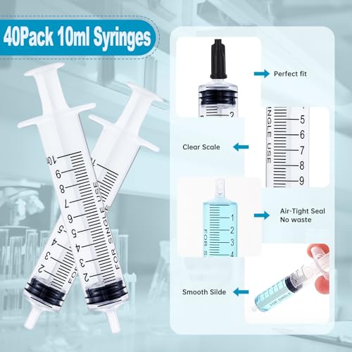 40 Pack 10ml Plastic Syringe for Scientific Labs, Dispensing, Measuring, Watering, Refilling, Multiple Uses - size: 10ml-40Pack