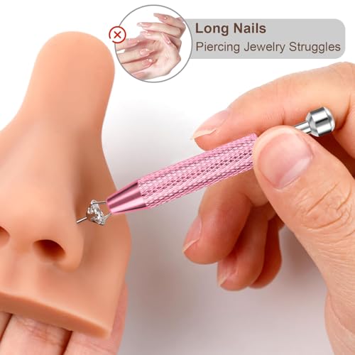 2Pcs Piercing Ball Grabber Tool for Changing Jewelry, Stianless Steel Flat Back Earring Applicator Internally Threaded Push Pin Piercing Grabber Tool - color: Blue&Pink-2pcs