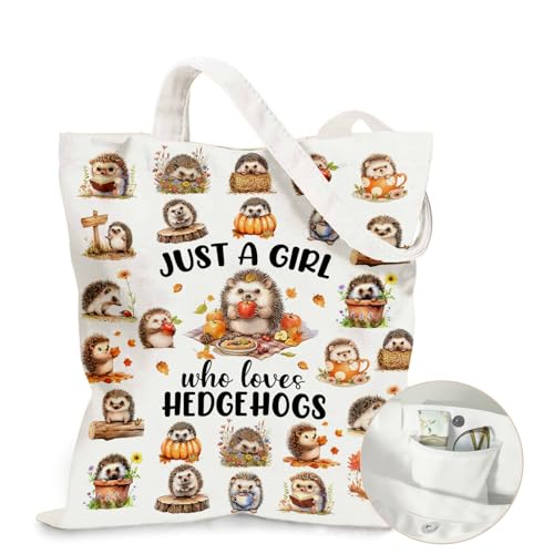 Aesthetic Canvas Tote Bag for Women - with Magnetic Snap Closure & Zipper Inner Pocket Reusable Totes Bag - color: Hedgehog1