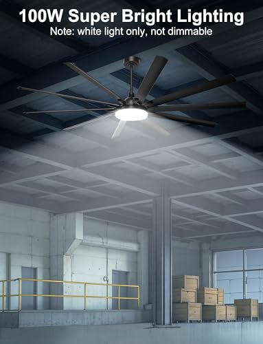 Ohniyou 96" Industrial Ceiling Fan with Bright Lights, High CFM Shop Fan | Remote/App Control, 10 Aluminum Blades, Extra Large Metal Fan for Covered Patio, Gym, Warehouse, Black - color: Black, style: With Light