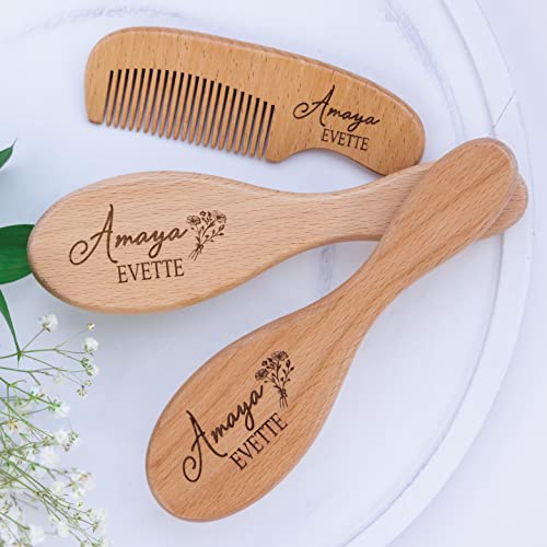 Personalized Baby Hair Brush Set - Custom Engraved Wooden Brush & Comb Gift Box for Baby Girls, Toddlers & Kids, Floral Set