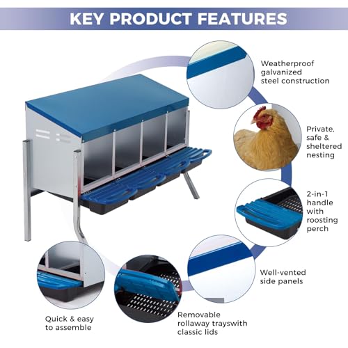 Garvee 4-Hole Roll Away Egg Collection Chicken Nesting Box | Galvanized Steel Nest Box for Laying Eggs - color: Blue, size: 4 holes with legs