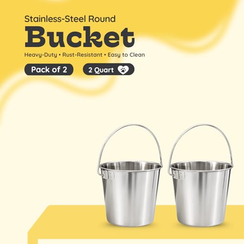 2Qt Round Stainless Steel Heavy Duty Dog Water Bucket, 2-Pack | Food & Water Pail, Half Gallon Capacity, Heavy-Duty, Round Design with Carry Handle, Ideal for Dogs, Cats, Birds & Small Pets - size: 2 Quart (Pack of 2)