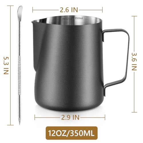 Frothing Milk Pitcher, 12 oz/350 ml Stainless Steel Frothing Milk Jug with Latte Art Pen,with Internal Measurements, for Cappuccino, Espresso and More - color: Black