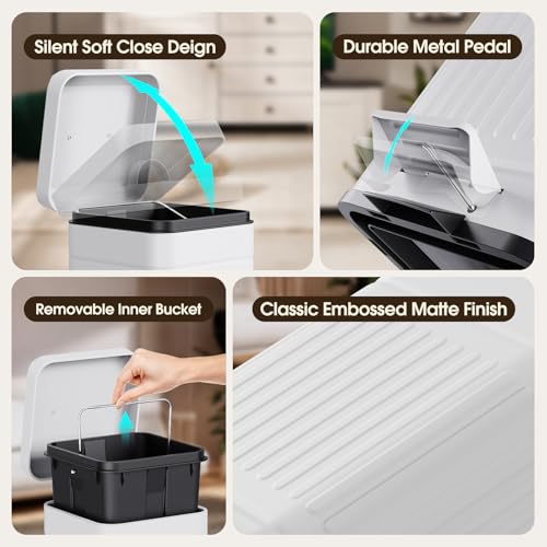 CEROELDA Small Trash Can with Lid-5L/1.3 Gal, Stainless Steel Outdoor Dog Poop Garbage Can-Farmhouse Retro Metal Waste Bin w/Step Pedal for Bathroom Bedroom Office-Soft Close-White - color: White