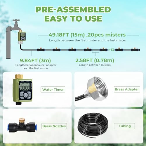 HOMENOTE Misting Cooling System with Timer, 59FT Misting Hose | 20 Brass Nozzles, 3/4" Brass Adapter, Water Timer with Mist Mode & Irrigation Mode, For Patio Cooling and Garden Watering - size: 59FT / 18M