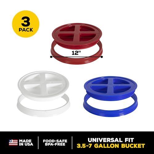 Gamma2 Gamma Seal Lid 3pk Combo for Utility Buckets - Fits 3.5, 5, 6 & 7 gallon buckets, Red, White & Blue, Made in USA - size: Replacement Lids (Fits 3.5-7 gal)