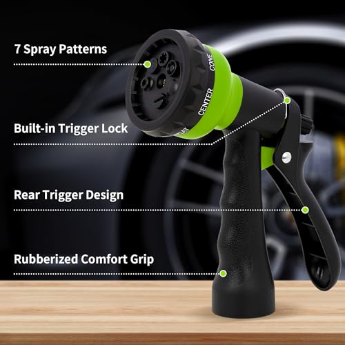 NEXCOVER Garden Hose Nozzle Sprayer - 7 Adjustable Watering Patterns Nozzle for Water Hose, Non-Slip Garden Spray Nozzle for Car Washing, Watering Plants, Pets Showering, Lawns Cleaning, Green - color: Green