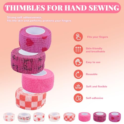 LUOHECAM 8 Pack Thimble Tape for Hand Sewing Nail Finger Protectors for Sewing Self Adhering Bandage Wrap No Residue Breathable Knitting Craft DIY Sewing Tools Dog Bandage Wrap(Pink) - color: Pink