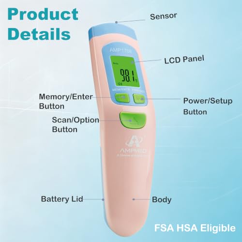 Medical Grade Non-Contact Forehead Thermometer, Pink | With Case, Adults, Kids & Infants, No-Touch, Temporal Fever Thermometer - color: Pink