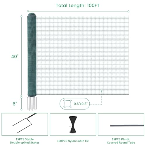 Non Electric Fence Netting 40" x100', Boundary Fence with Double Spiked Posts, Portable Poultry Fencing for Dogs, Chickens, Ducks, Turkeys in Backyard, Garden, Farm