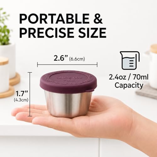 6pcs 2.4oz Stainless Steel Condiment Cups with Leak-Proof Lids - Perfect for salads, dips, and sauces. Portable design ideal for picnics, travel, and meal prep. Reusable & easy to clean - size: 2.4ounce