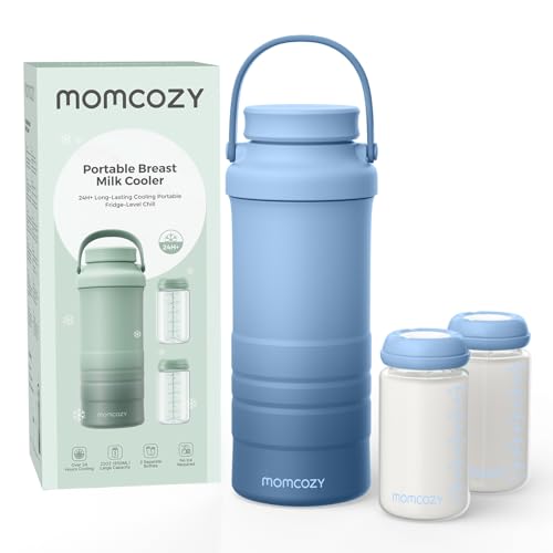 Momcozy 22oz Portable Breastmilk Cooler for 24H Outdoor, Newborn Essentials | 24 Hours & 360° Surrounded Cooling, 2 Extra Baby Bottles for Better Storage, Life Saver for Working Mom, Hassle-Free Cleaning - color: Blue