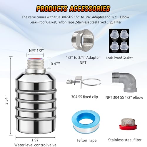 Leak-Proof NPT 1/2" Water Float Valve,1/2" to 3/4" 304 Stainless Steel Fully Automatic Water Level Control Float Valve for Water Tank, Cattle Tank, Pool, Fish Tank, Distiller, Livestock Troughs