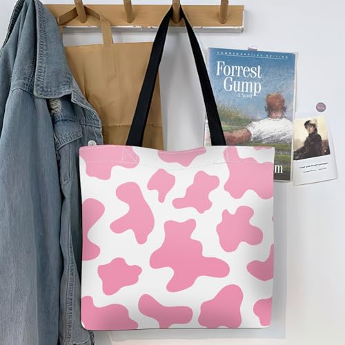 Canvas Tote Bag for Women，Cute Heavy-Duty Shoulder Bag with Zipper Pocket -Travel Tote for Grocery, Gym,Shopping - color: Pink Cowhide