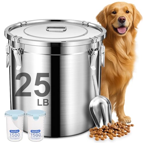 Newget Dog Food Storage Containers, Large Stainless Steel Pet Food Storage Containers 25 lb / 11.5 kg to Keep Fresh, Metal Airtight Cat Food Containers With Scoop and 2 Small Containers - size: 25 lb