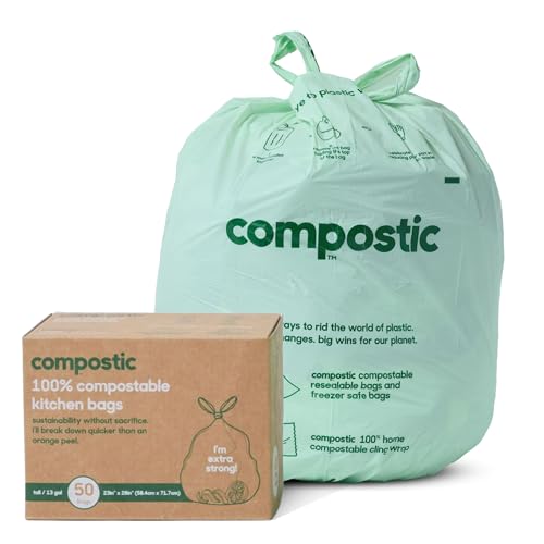 Compostic Compostable Trash Bags, 13 Gallon Tall Kitchen (50 Count) Starter Pack — Extra Strong, Home Compostable, Plant-Based, Non-Toxic, Unscented Garbage Bags - size: 50 Count (Pack of 1), style: Tall 13 Gallon