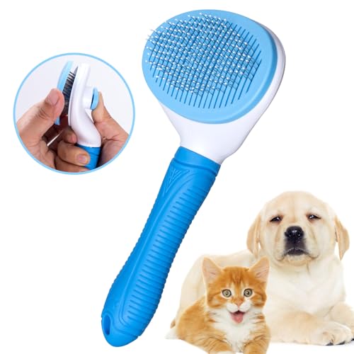 Aogeili Self-Clean Slicker Brush, Deshedding Comb for Dogs Cats Rabbits | One-Click Release Removes Loose Undercoat, Mats & Tangles, for Long & Short Hair Shedding Pets - color: Blue
