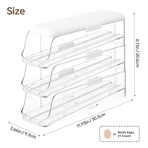 PAVSTINE 3-Tier Auto Rolling Egg Holder with Lid for Fridge, Clear | Stackable Egg Dispenser, Large Capacity Holds Up To 21 Eggs, Refrigerator ＆ Kitchen Countertop Storage - size: 3-Tier with Lid
