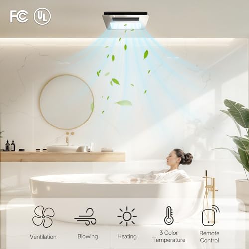 Hawkrown 4-in-1 Bathroom Exhaust Fan with Light and Heater, Mirror Black Exhaust Fan, 3CCT Lighting, Strong and Weak Heating, Quiet & Powerful for Ventilation, Remote Control - color: Mirror Black