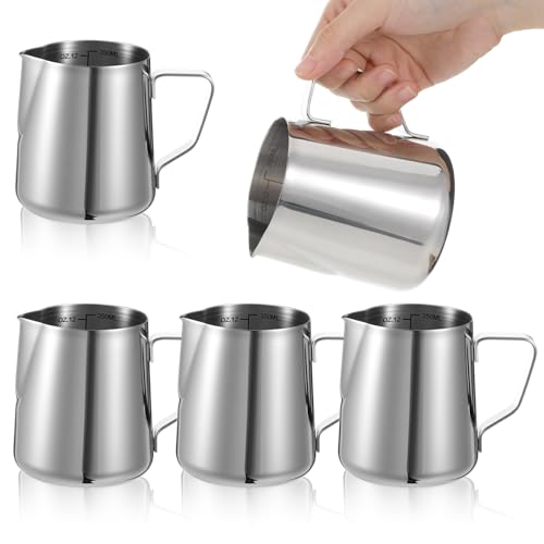 6 Pcs Milk Frothing Pitcher, Coffee Milk Frother Cup, 12oz Espresso Milks Frothing Pitcher with Measurement Marks, Stainless Steel Coffee Jug for Latte Art & Cappuccino, Silver