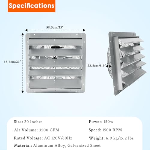 20 Inch 3500 CFM Aluminum Automatic Shutter Exhaust Fan, Wall Mounted High Speed Louvered Vent Fan for Garage Attic Workshop Greenhouse - size: 20 Inch