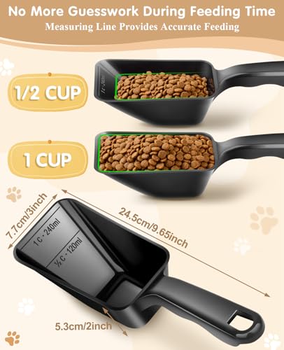 2-Pack Dog Food Scoop 1 Cup, Plastic Pet Food Measuring Scoop With Measuring Lines (1/2 & 1 Cup Markings) for Dogs, Cats, Fish, Bird（Black and Orange) - color: Black and Orange