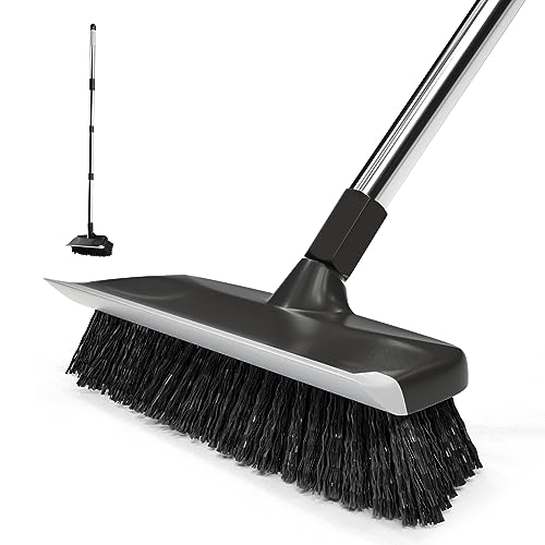 Floor Scrub Brush with 55" Long Handle, 10" Wide Stiff Bristles Deck Brush, Stainsless Steel Pole Heavy-Duty Cleaning Brush, 2-in-1 Scrubber with Ruber Squeegee for Deck, Patio, Pool, Tile, Wall