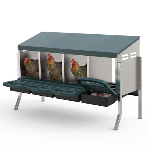 Metal Chicken Nesting Box with Easy-Collect Tray & Lid – 3/4/2x2 Compartment Heavy Duty Roll Away Nesting Boxes for Chickens, Wall Mount or Freestanding, Galvanized Steel Hen Laying Box for Coop