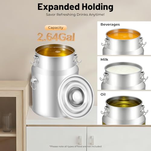 2.64 Gallon Milk Can - 304 Stainless Steel Milk Bucket with Sealed Lid, Milk Transport Barrel with Spigot for Liquid Storage, Ideal for Milk, Wine, and Beverages - size: 2.64 Gallon
