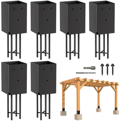 6 Pack 4x4 Metal Post Base Holder Bracket for Concrete Deck (Black) | Internal 3.5"x3.5", Post Anchor Brackets Ground Spike, For Concrete Deck, For Wood Fence, Railing, Pergola, Porch - size: 4IN, style: 6Pcs